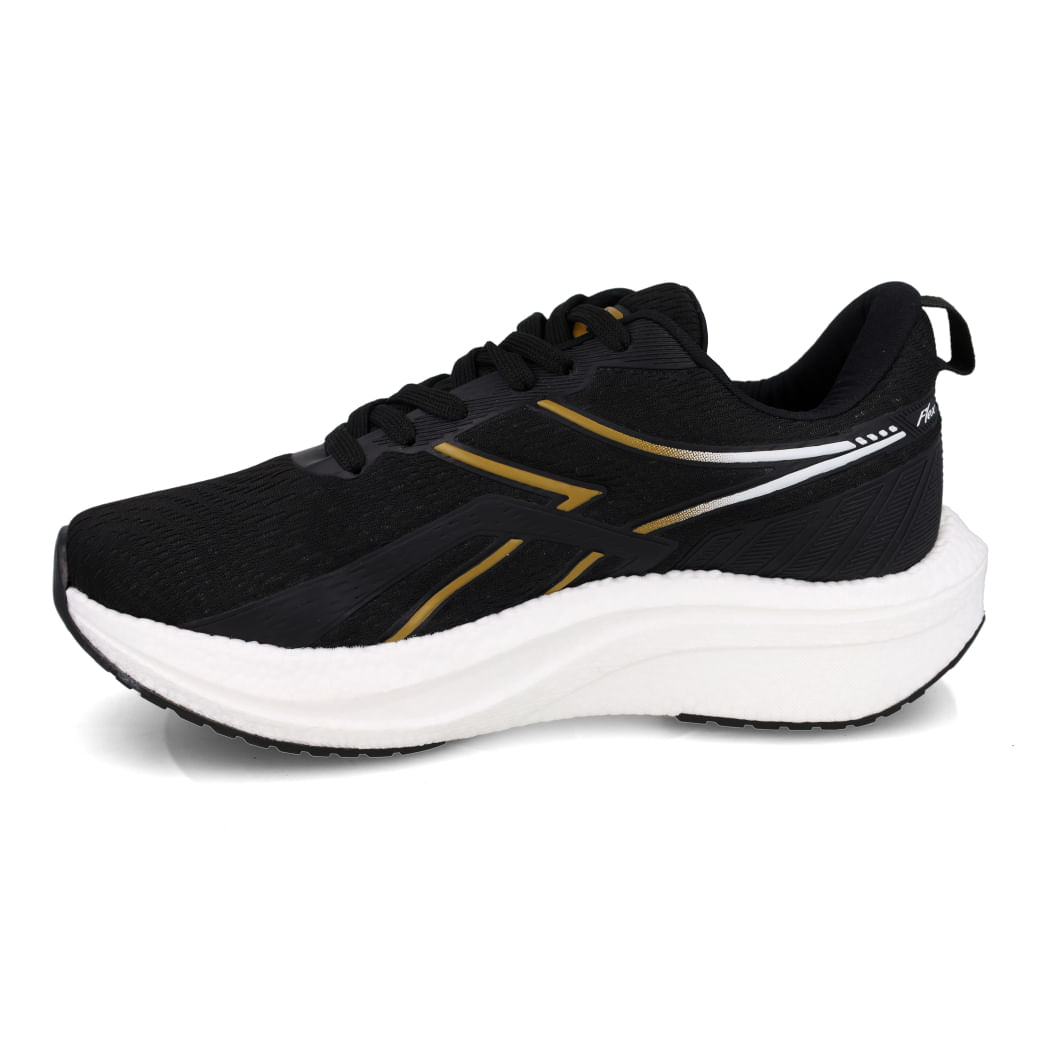 Tênis Diadora Flex masculino preto e dourado, vista lateral mostrando detalhes do material